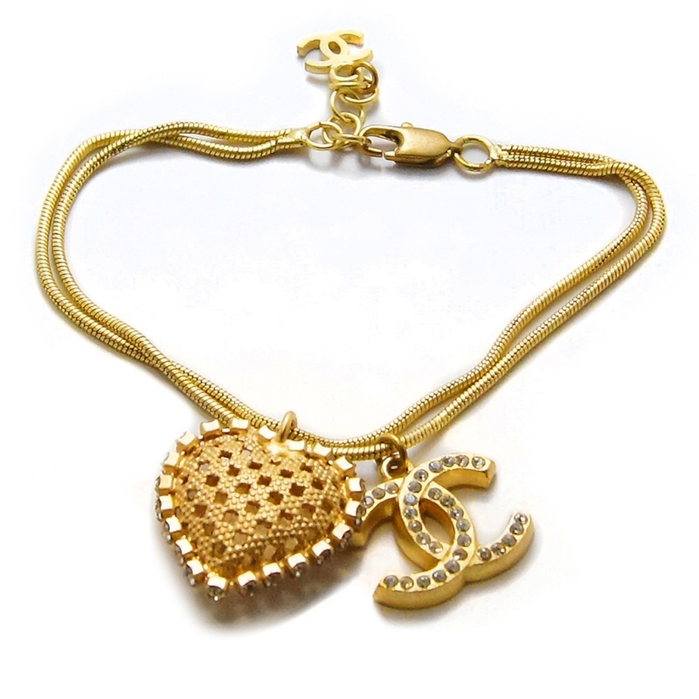 Chanel Gold bracelet with CC +Heart crystals